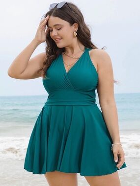 NWT Bloomchic Woman’s Solid Ruffle Hem Empire Waist Halter Neck Swim Dress